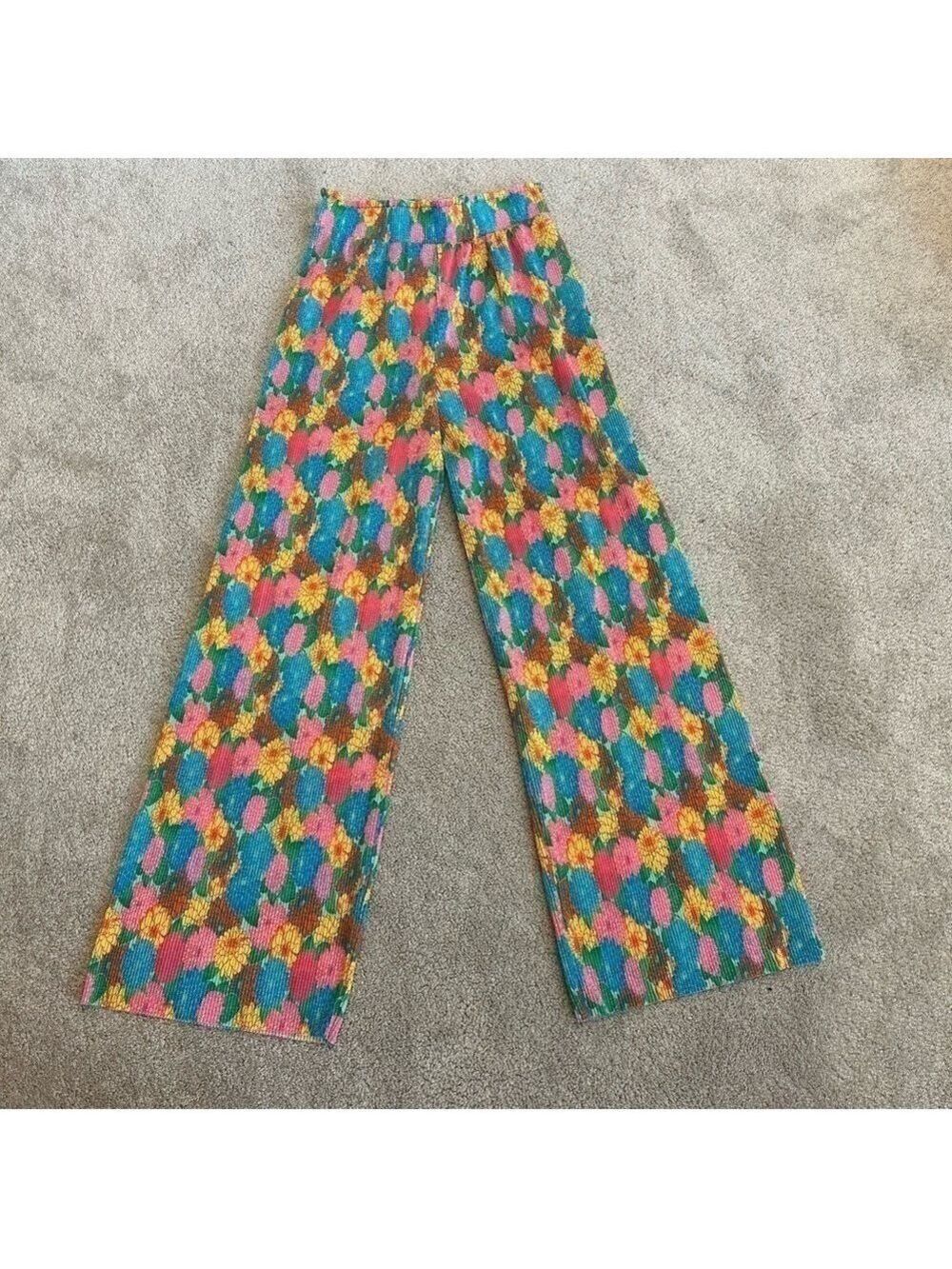 Zara multicoloured floral flower accordion pleated wide leg high waisted pants S